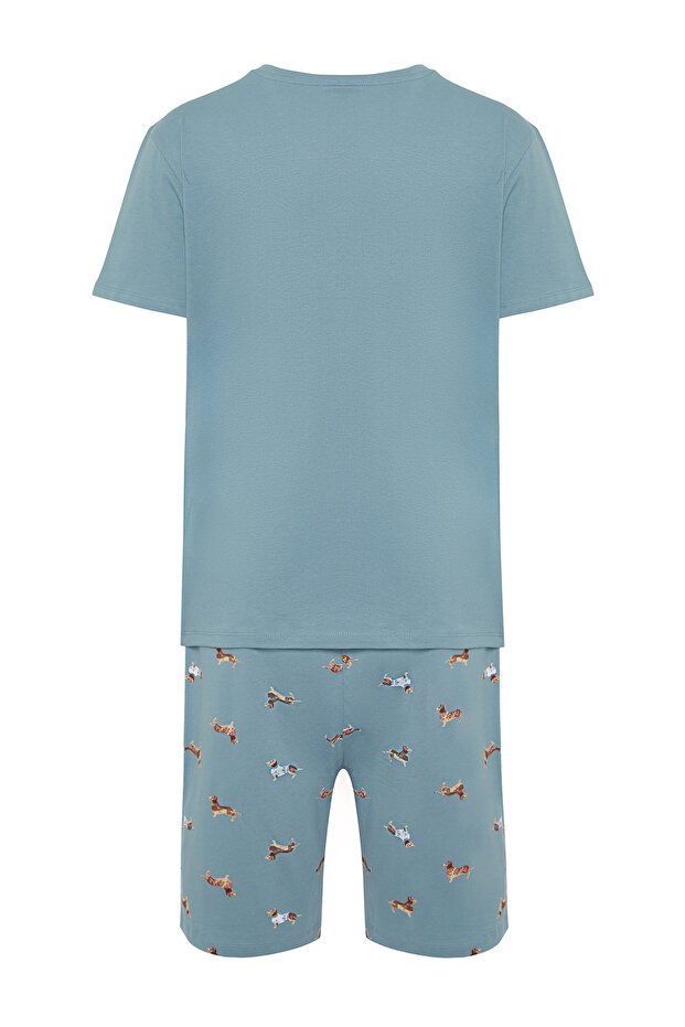 Unisex Mavi %100 Pamuk Regular Fit Baskılı Örme Şortlu Yazlık Pijama Takımı THMSS21PT0920 - 8