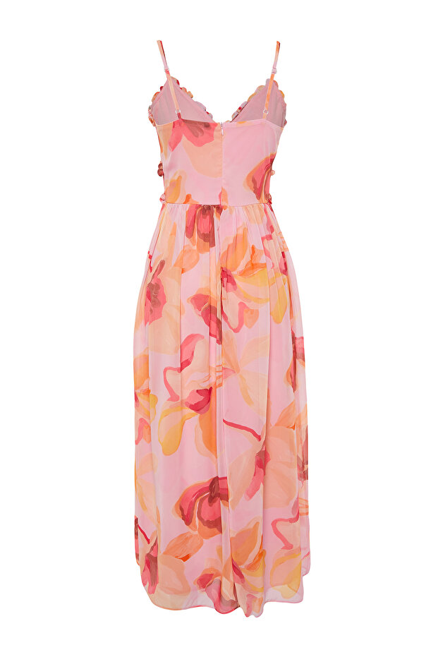Pembe Çiçek Desenli A-Kesim Fırfır Detaylı Astarlı Şifon Maxi Dokuma Elbise TWOSS23EL02013 - 8