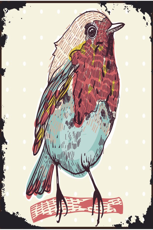 Colorful Bird on the Branch Distressed Nostalgic Vintage Style Aesthetic Retro Wood Poster