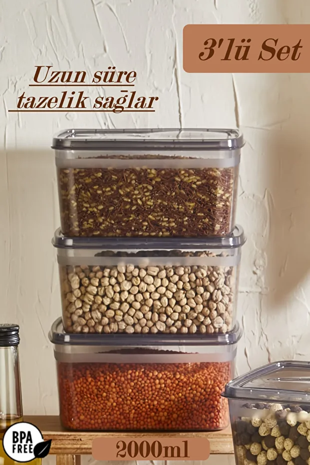 3 Pieces Huge Smoked 2 LT Food Storage Container - Lid Pulses Box - Suitable for Deep Freezer - 1
