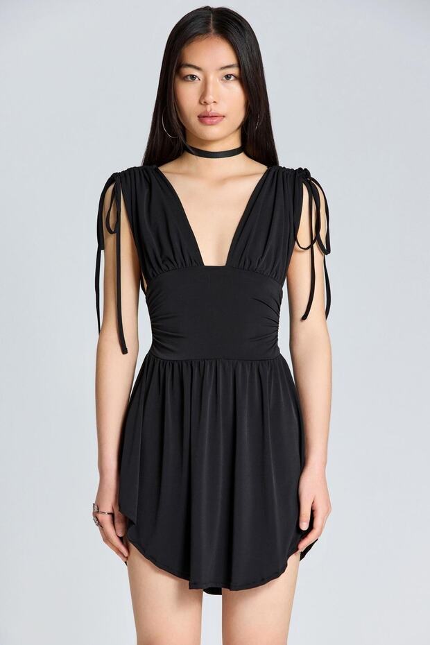 2622 Black Mini Rope Tied Low-cut Dress