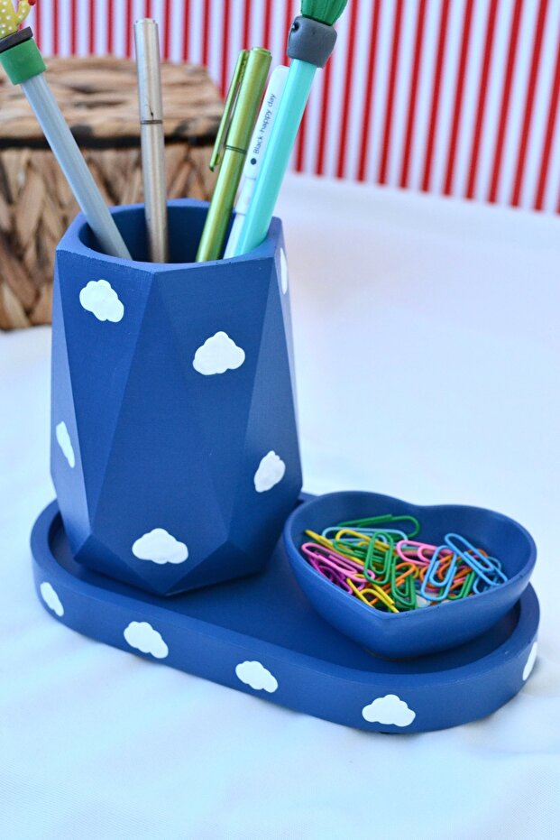 Navy Blue Cloudy Organizer Set (3 Pieces) (Pen Holder, Oval Tray and Mini Heart Plate)