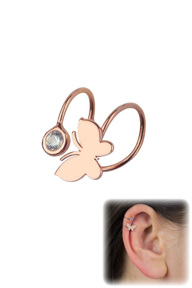 Tekli Kelebekli Kıkırdak Küpe - Rose - 1