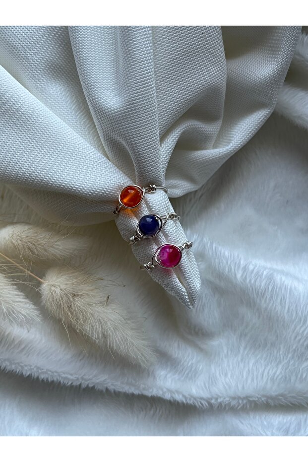 Triple agate stone set handmade wire ring (orange pink purple)
