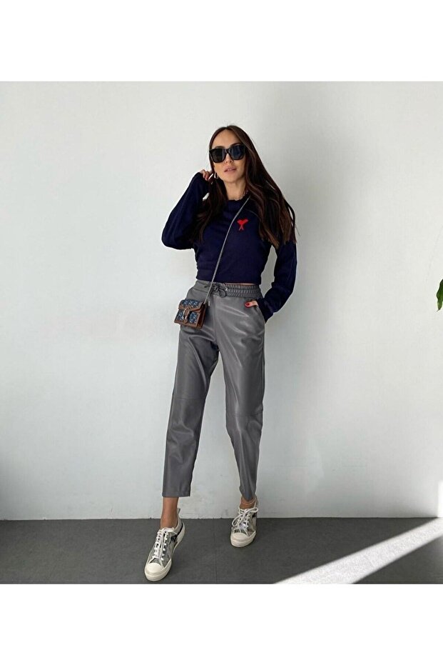 Drawstring Waist Knee-Stitch Detail Leather Pants