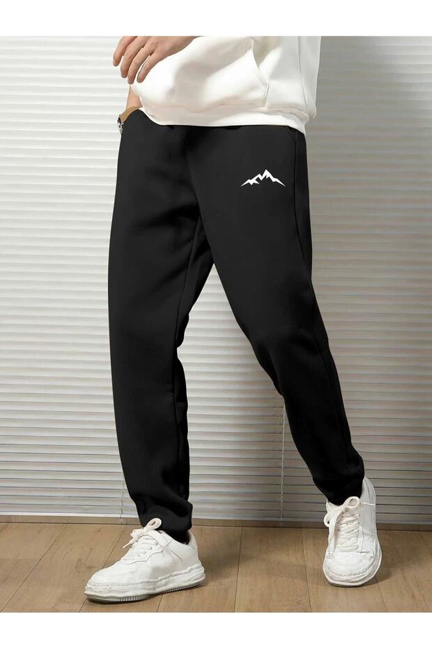 Mountain Silhouette Sweatpants Jogger - Black Printed Rubber Leg High Waist
