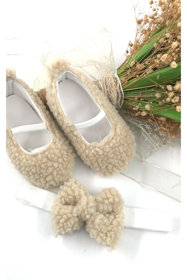 Special Series, Beige Fur, Plush, Elastic Ballet Shoes, Baby Girl's Shoes and Bandana