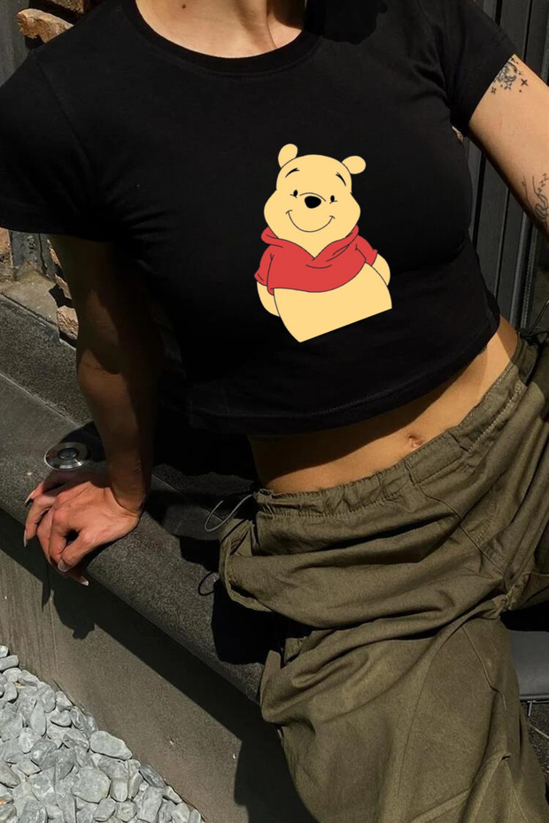 Y2K Street Style Winnie the Pooh Printed Pattern Short Sleeve Black Crop Bodysuit