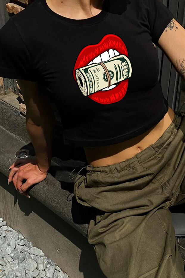 Y2K Street Style Red Lip Printed Short Sleeve Black Crop Body