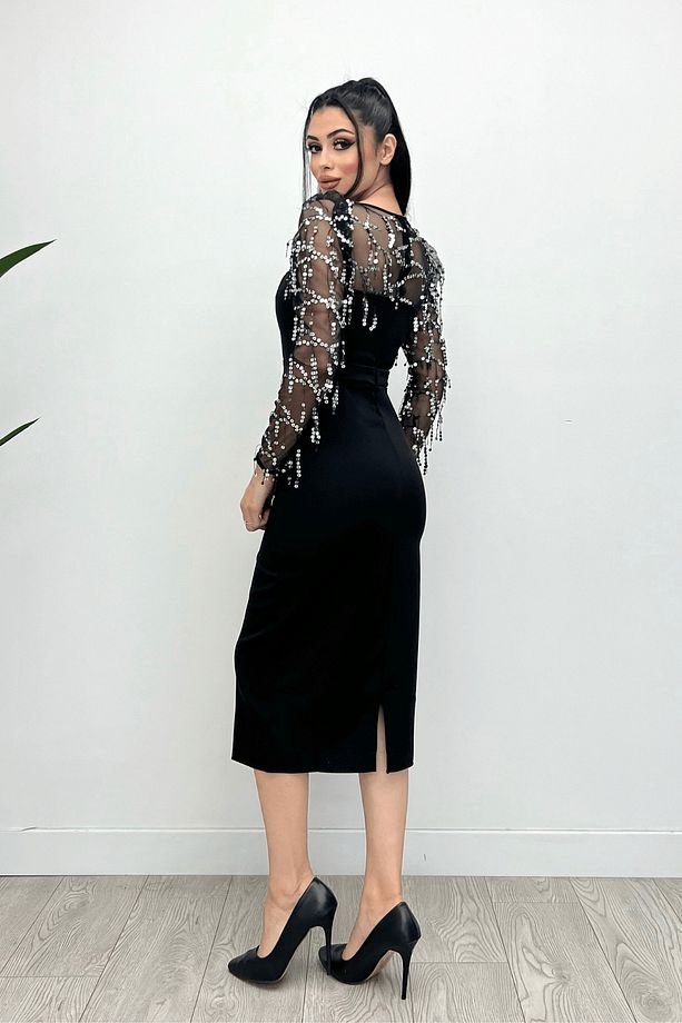 Double Kumaş Pul Saçaklı Elbise - Gümüş - 5