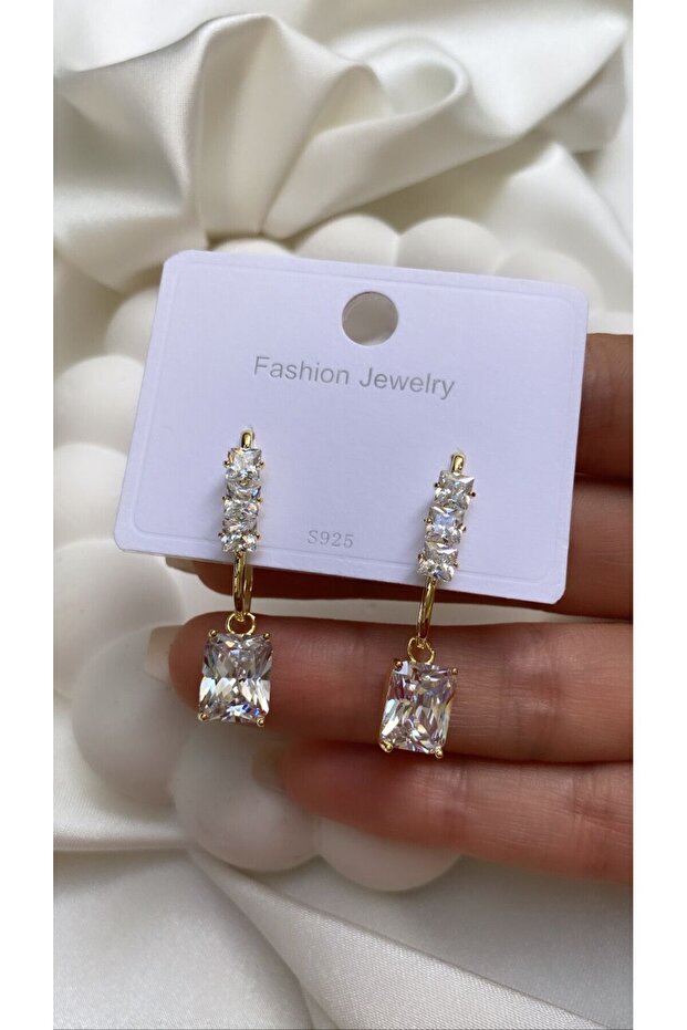 Baguette Stone Waterway Dangle Gold Color Steel Earrings