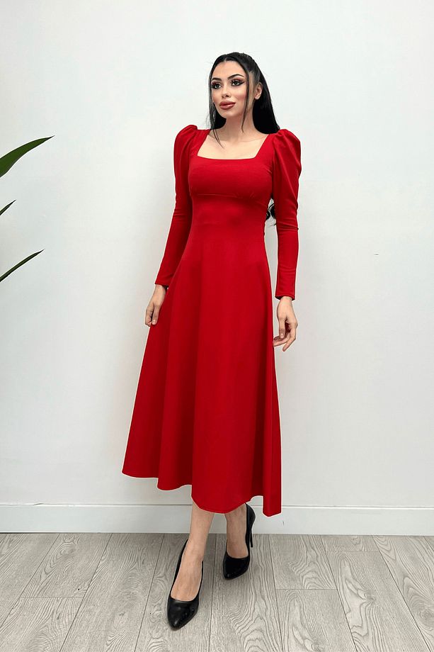 Krep Kumaş Kare Yaka Midi Elbise - Kırmızı - 3