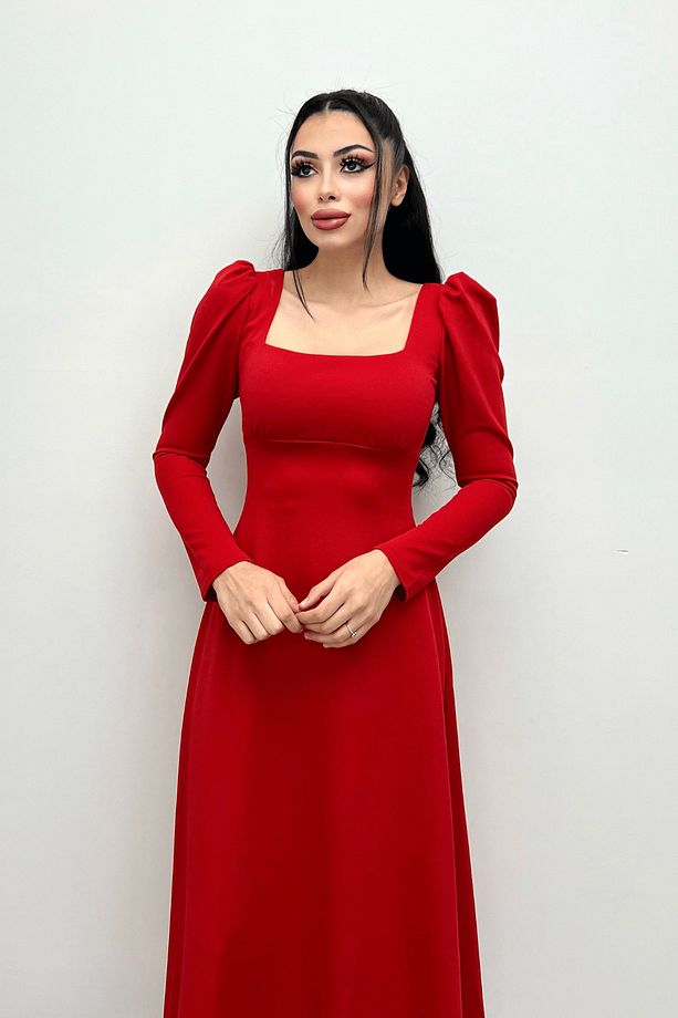 Krep Kumaş Kare Yaka Midi Elbise - Kırmızı - 2