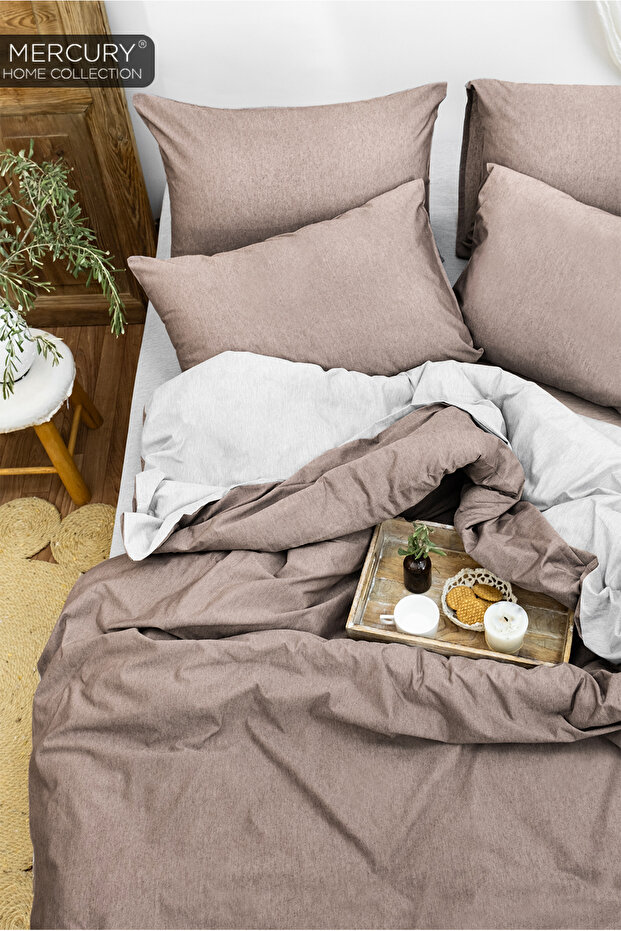 Single Cotton Bedding Set| Brown-grey with Elastic Sheets| Double Sided Buttoned Duvet Cover