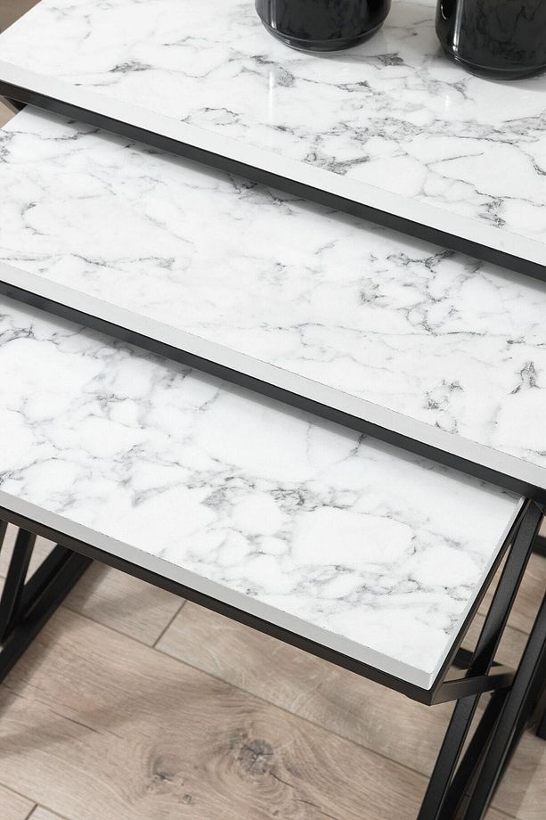 Venedik Siyah Metal Ayaklı Mermer Desenli Mdf'li Zigon Sehpa - 2