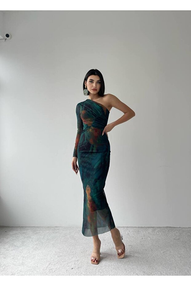 TEK KOL DETAY MİDİ BOY ELBİSE - 7