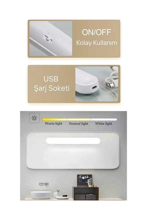 3 Renk Şarjlı Mıknatıslı Dokunmatik Led Aplik Micro Usb Şarjlı Kablosuz Led Lamba Beyaz Kasa - 5