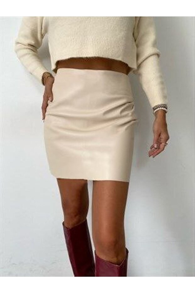 Ecru Faux Leather, Tight Mini Skirt with Elastic Waist
