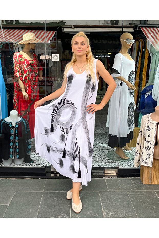 Authentic Voile Cotton Embroidery And Handcrafted Painting White Maxi Dress