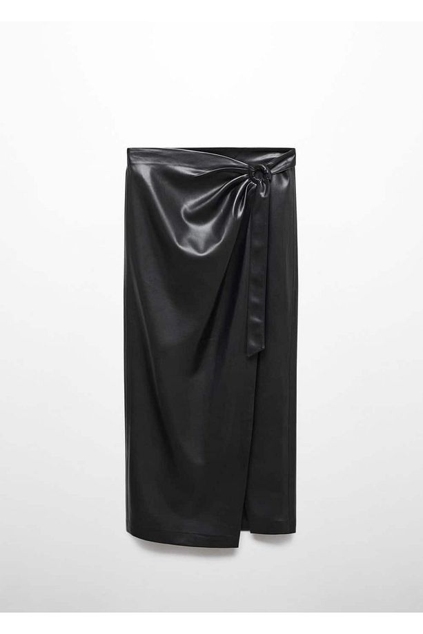 Drape Deri Görünümlü Midi Etek - 3