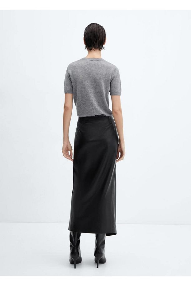 Drape Deri Görünümlü Midi Etek - 4