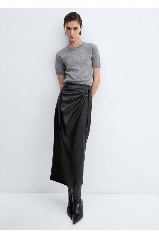 Drape Deri Görünümlü Midi Etek - 8