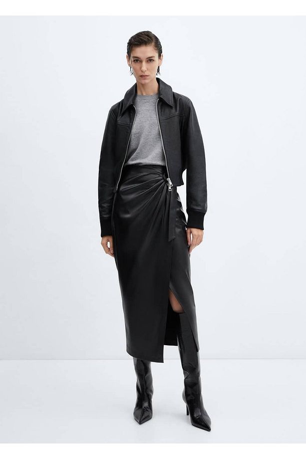 Drape Deri Görünümlü Midi Etek - 2
