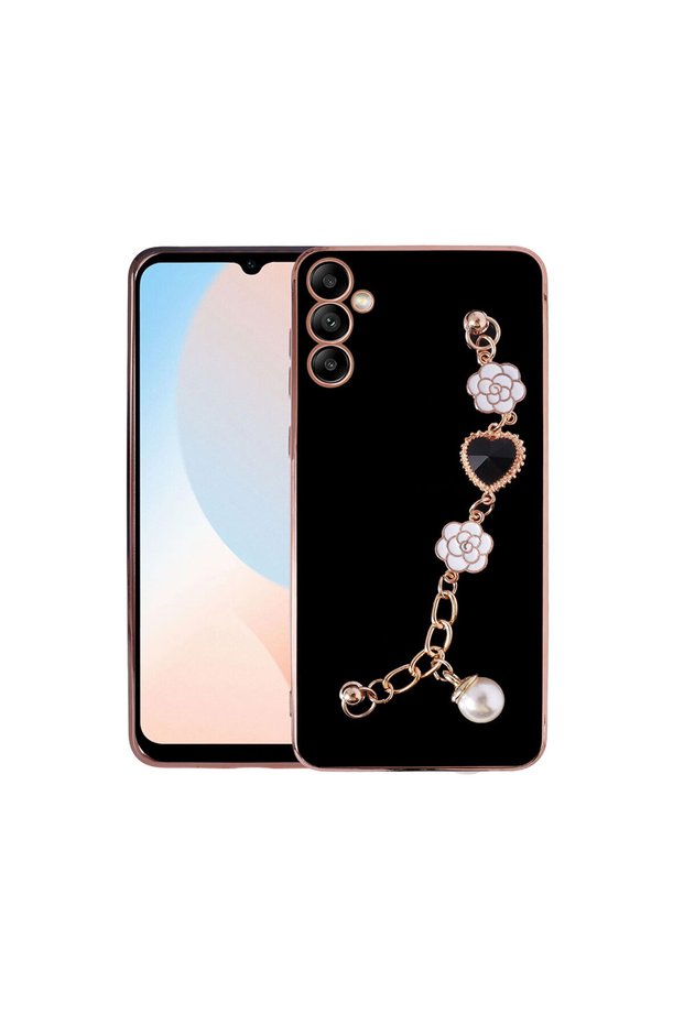 Samsung Galaxy A14 5g Compatible Vivid Color Gold Edge Striped Bracelet with Rhinestone Silicone Case