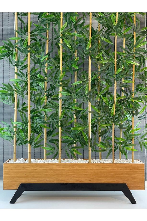 Ahşap 1mt Saksılı 10gövde 180cm Yapay Yapraklı Dekoratif Bambu Seperatör Modern Ayaklı Tasarım Saksı - 3