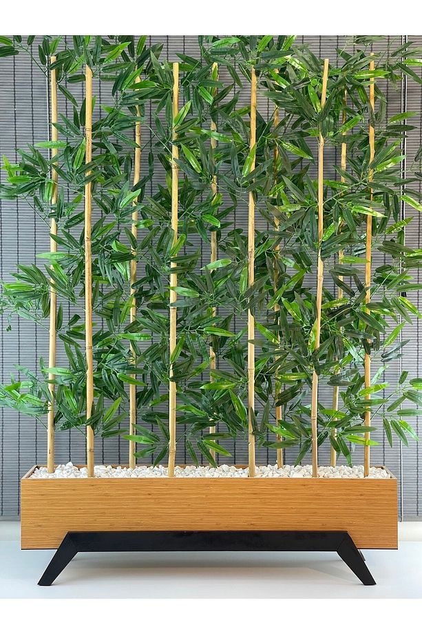 Ahşap 1mt Saksılı 10gövde 180cm Yapay Yapraklı Dekoratif Bambu Seperatör Modern Ayaklı Tasarım Saksı - 2