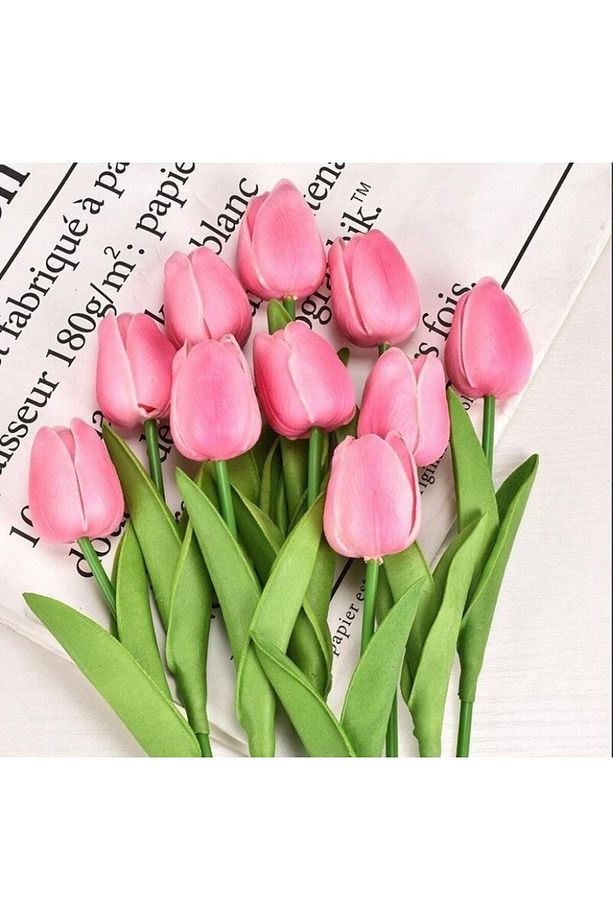 10 Adet Pembe Yapay Islak Lale Gerçeksi Doku - 1