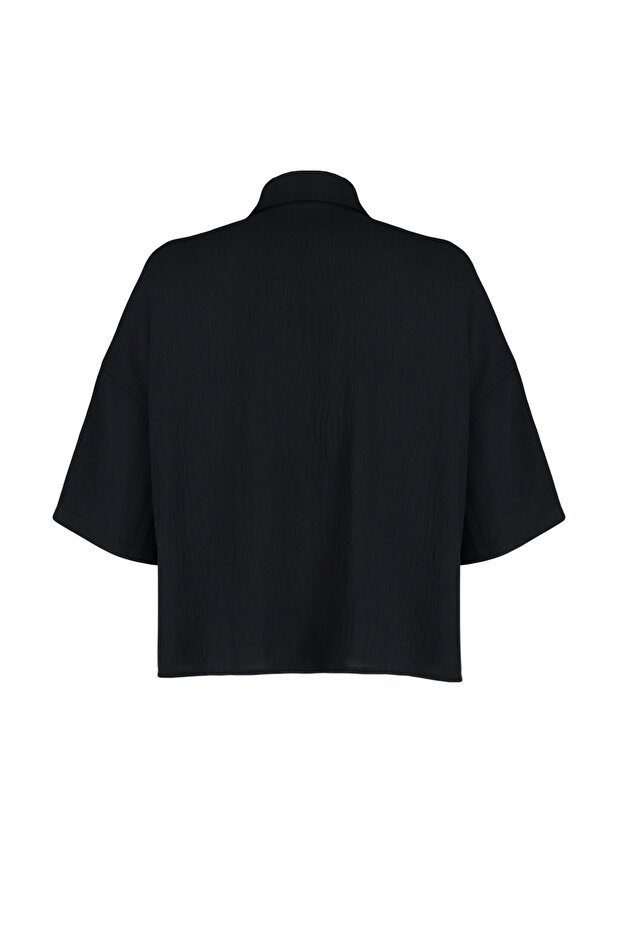 Siyah Oversize Geniş Kalıp Fakir Kol Dokuma Gömlek TWOSS20GO0381 - 8
