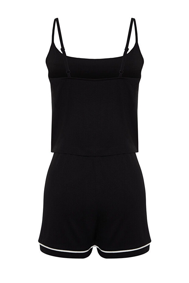 Siyah Biye Detaylı İp Askılı Viskon Şortlu Örme Pijama Takımı THMSS24PT00004 - 8