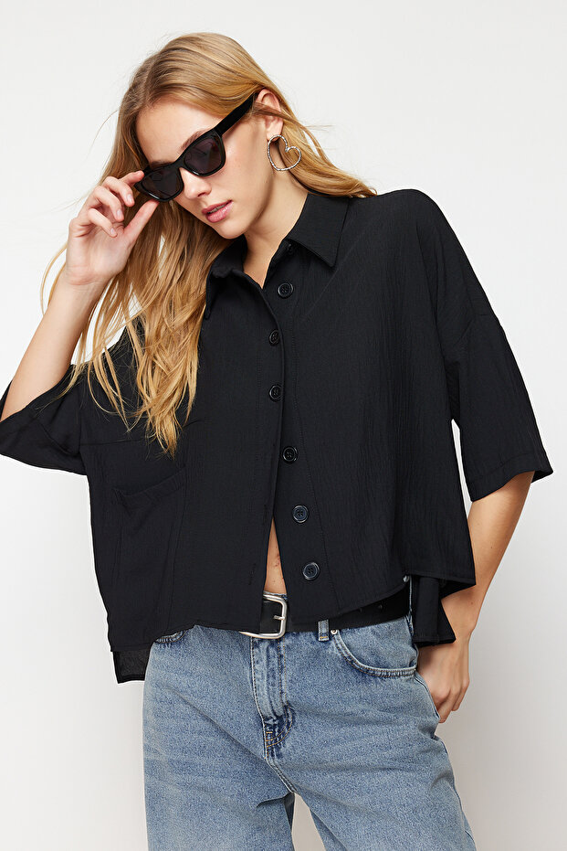 Siyah Oversize Geniş Kalıp Fakir Kol Dokuma Gömlek TWOSS20GO0381 - 1
