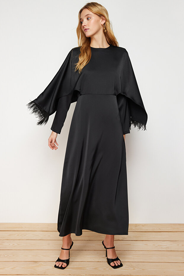 Fekete szatén szőtt estélyi ruha mandzsettával TCTSS24DB00035 - 6