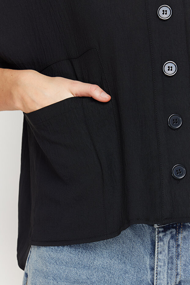 Siyah Oversize Geniş Kalıp Fakir Kol Dokuma Gömlek TWOSS20GO0381 - 4