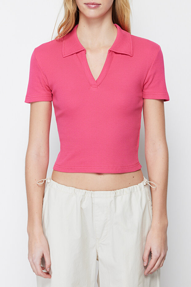 Fuşya Fitted/Vücuda Oturan Crop Polo Yaka Fitilli Esnek Örme Bluz TWOSS21BZ0038 - 4