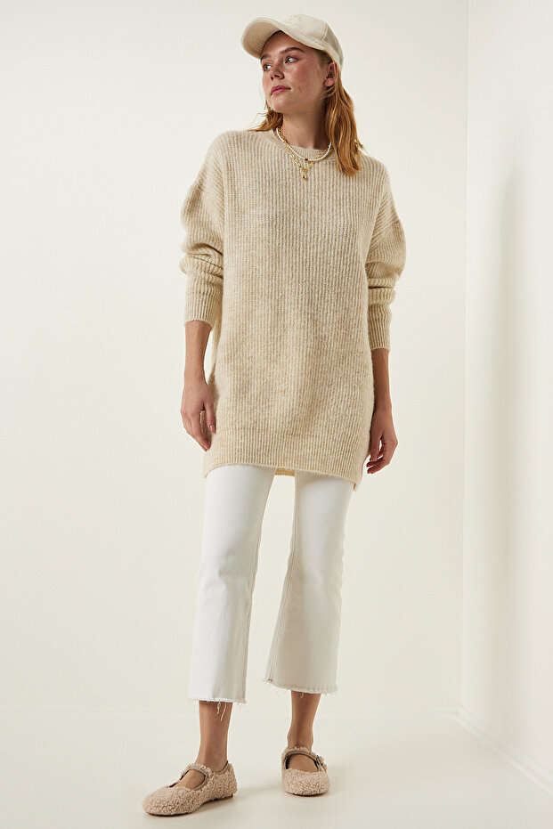 Cream Oversize Long Basic Knitwear Sweater BV00099