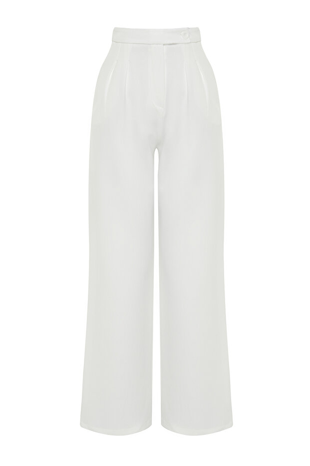 Ekru Wide Leg/Geniş Paça Yüksek Bel Dokuma Kumaş Pantolon TWOAW22PL0066 - 7