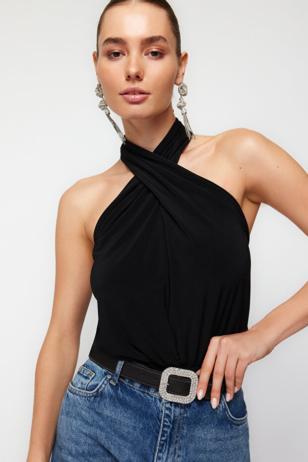 Siyah Halter Yaka Örme Body TPRSS24BD00004 - 1