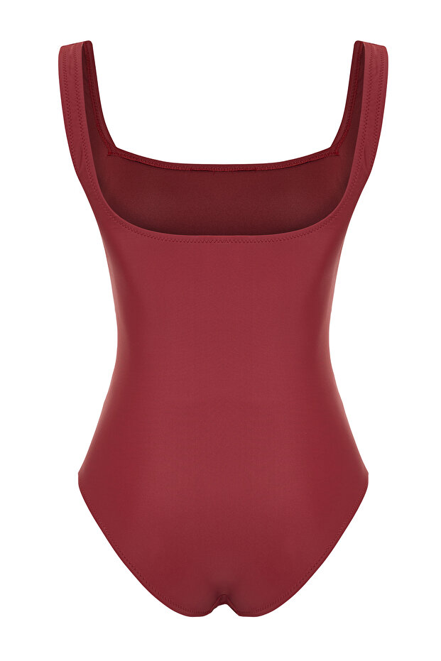 Bordo Toparlayıcı Kare Yaka Kaplı Hipster Mayo TBESS24MA00102 - 8