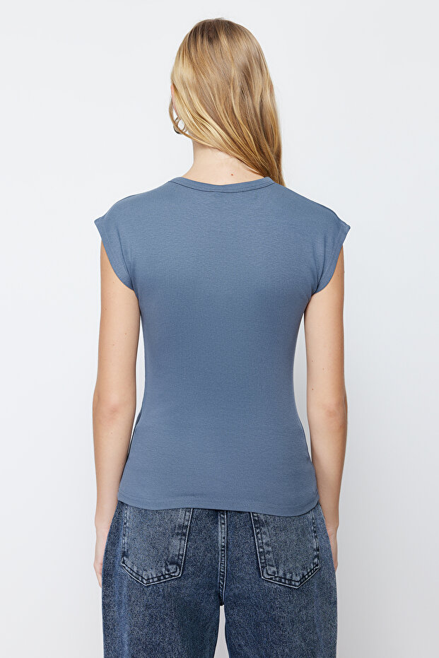 Açık Antrasit Viskoz/Yumuşak Kumaş Fitted/Vücuda Oturan Esnek Örme Bluz TWOSS23BZ00992 - 5