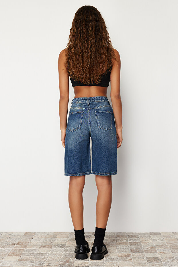Mavi Yüksek Bel Denim Bermuda TWOSS24SR00007 - 6