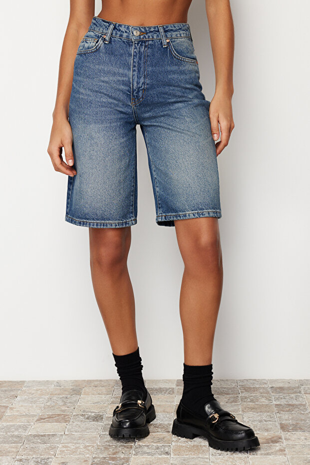 Mavi Yüksek Bel Denim Bermuda TWOSS24SR00007 - 5