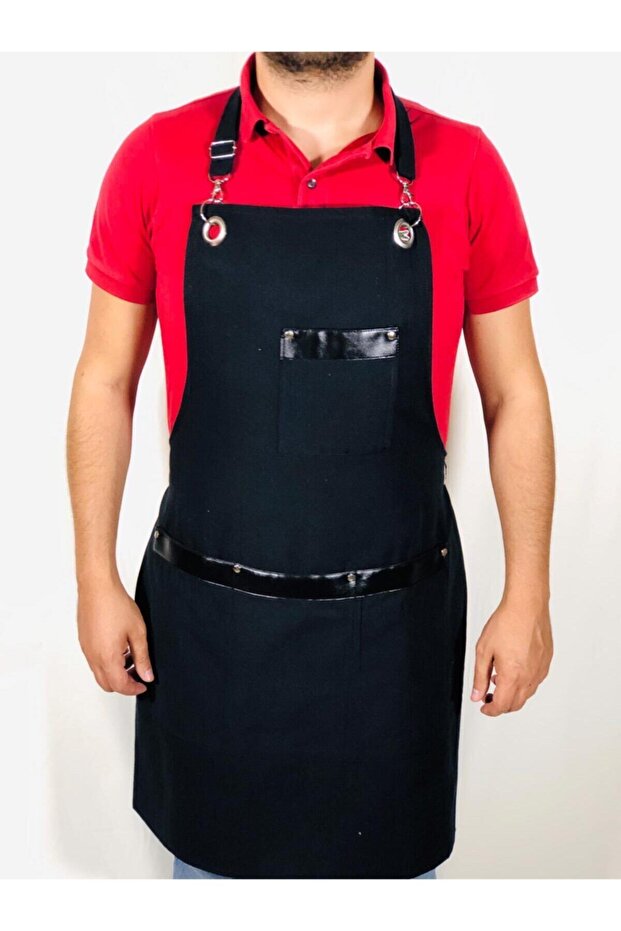 Leather Detailed Black Apron Kitchen Cook Apron New Season Chef Strap Apron
