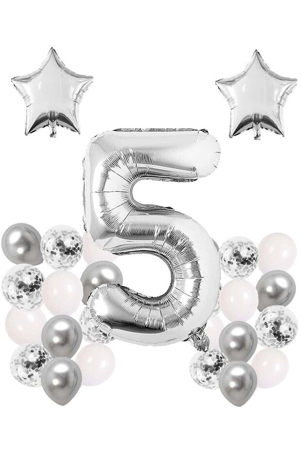 Silver Concept Year Birthday Celebration Set White Silver Confetti Balloon Number Star Foil