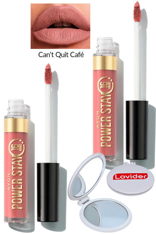 أحمر شفاه سائل غير لامع من Power Stay - عبوة من قطعتين من Can't Quit Cafe + هدية مرآة جيب Lovider