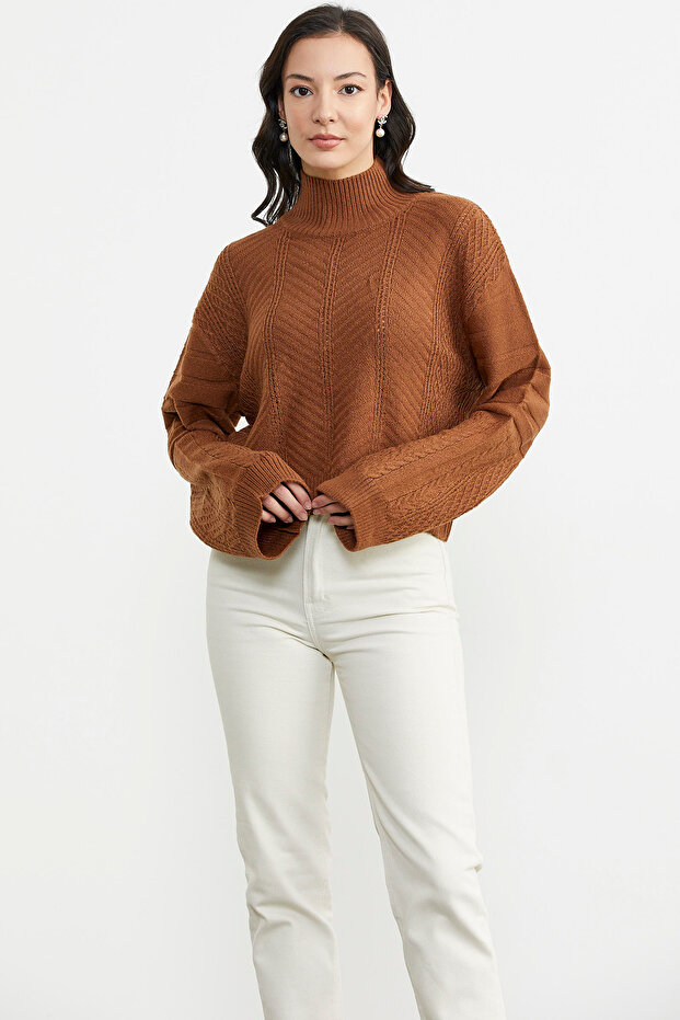 Dik Yaka Kısa Triko Kazak - Taba - 2