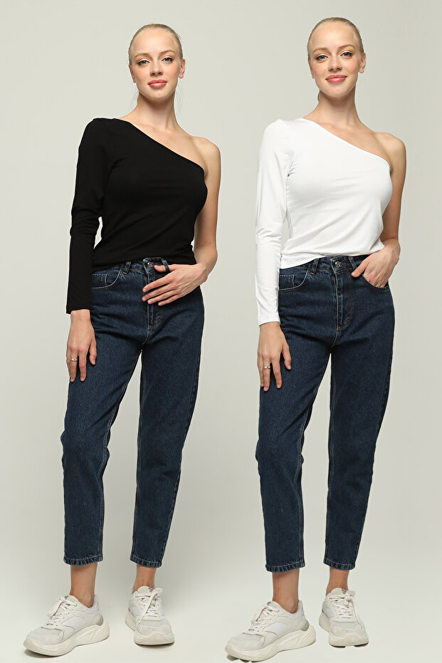 2-Piece Women's Black and White One-Shoulder Knitted Blouse