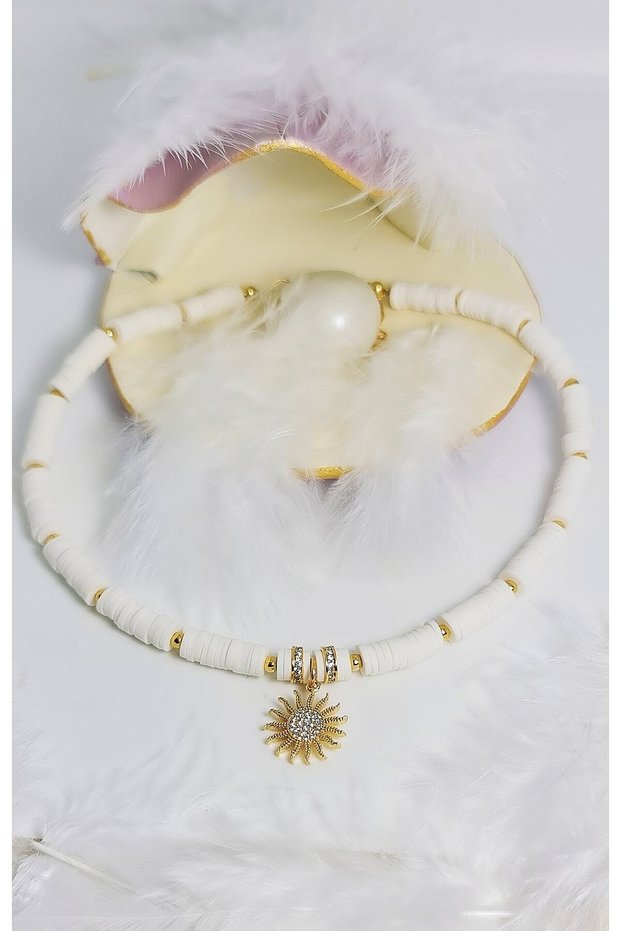 Women's White Fimo Bead Sun Necklace, Summer Jewelry, Choker Necklace, Gift Necklace, 6mm Fimo